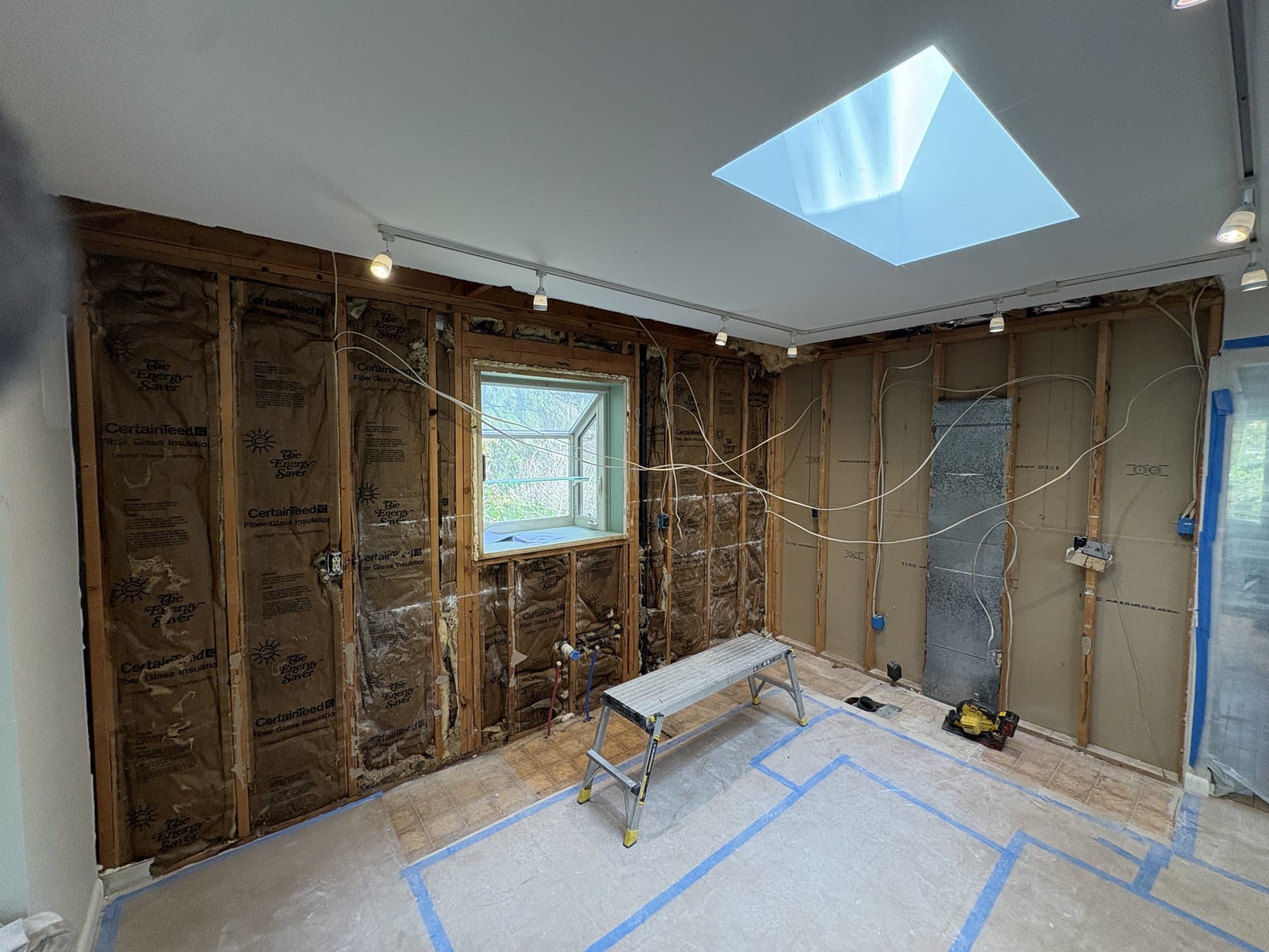 Chester Springs kitchen during construction, taken down to the studs with the skylight visible