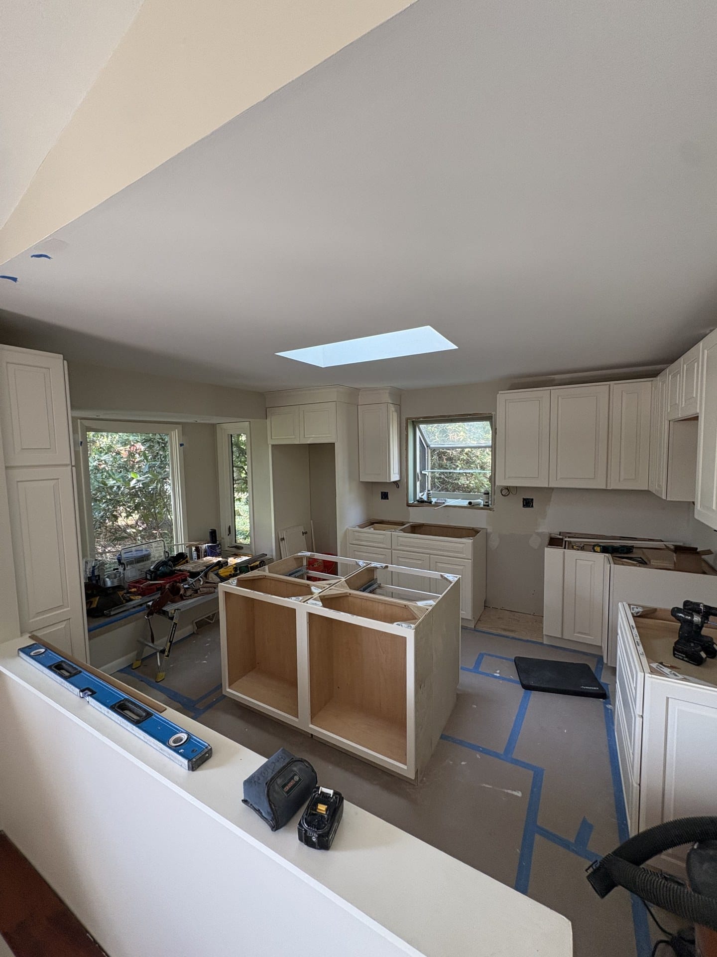 Island cabinet boxes set during a Chester Springs kitchen renovation